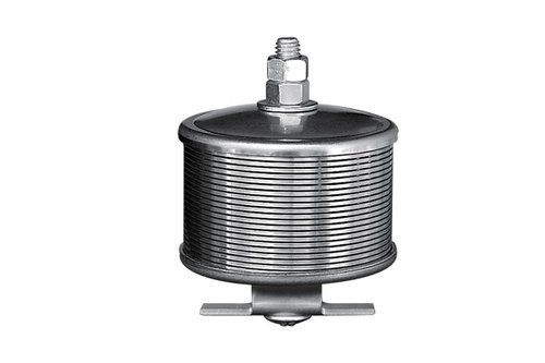 A stainless steel filter with a screw on top of it on a white background.