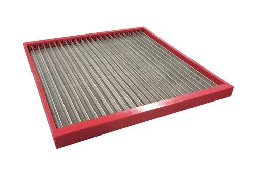 A stainless steel filter with a red frame on a white background.