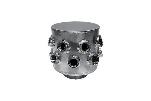 A metal strainer with holes in it on a white background.