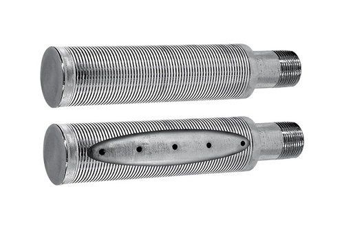 A pair of metal pipes with holes in them on a white background.