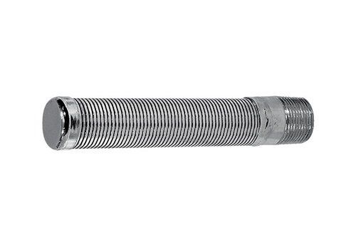 A close up of a metal pipe on a white background.
