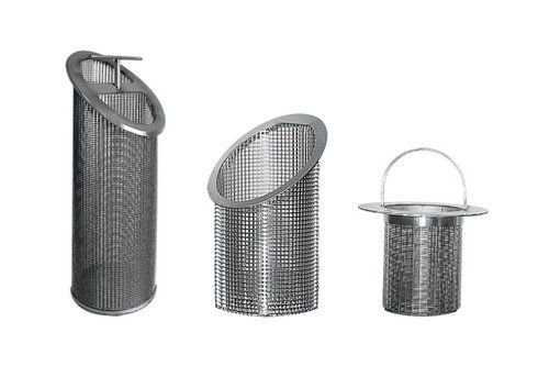 Three stainless steel baskets with handles on a white background.