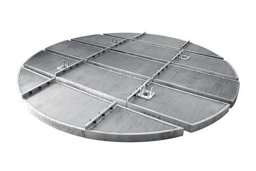 A stainless steel plate with holes in it on a white background.