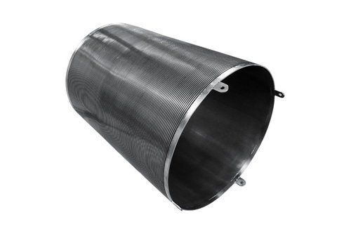 A close up of a metal pipe on a white background.