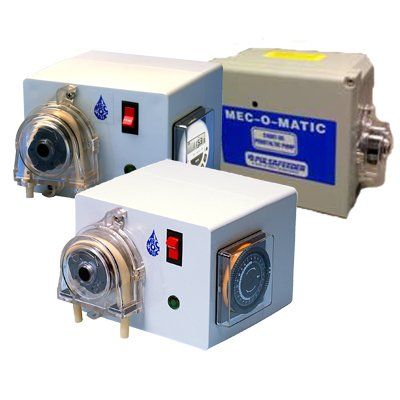 Three mec-o-matic pumps are sitting next to each other on a white background