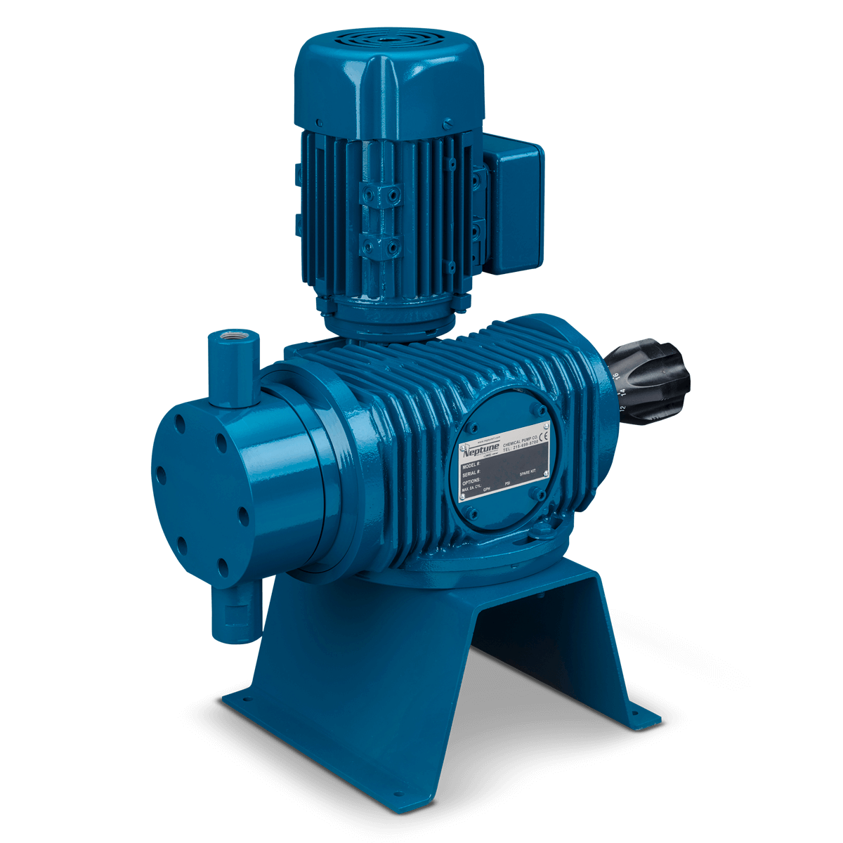 A blue pump with a motor attached to it.