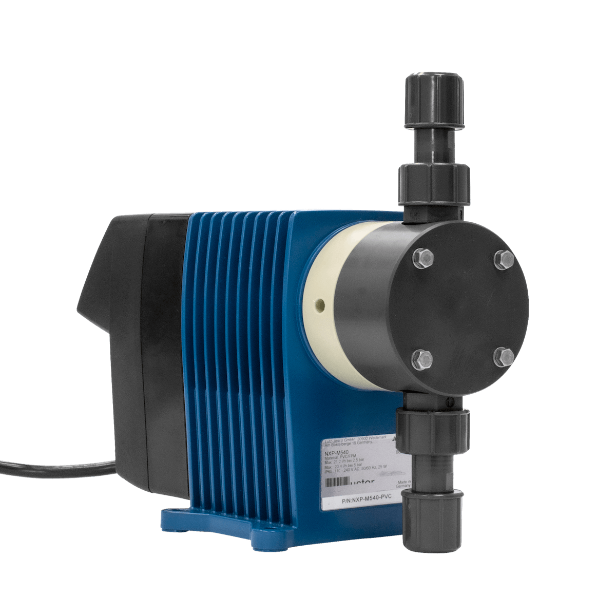 A blue and black pump is sitting on a white surface.