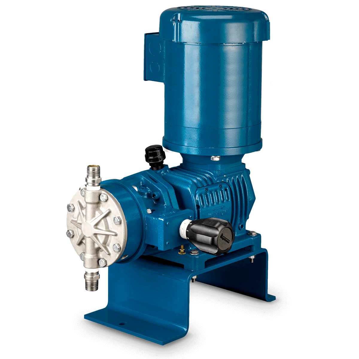 A blue pump with a motor attached to it on a white background.