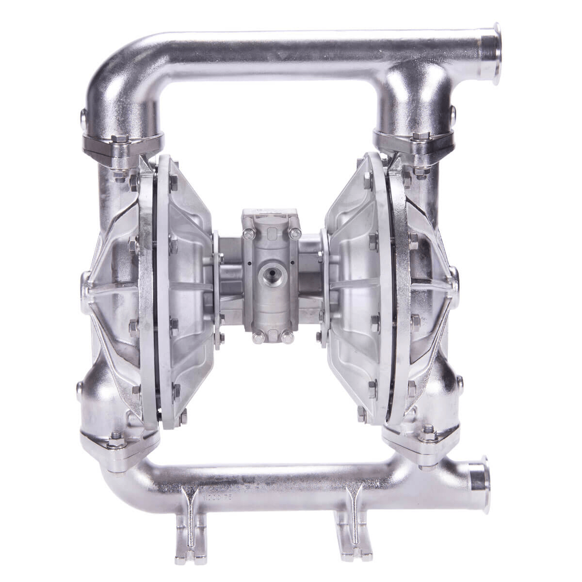 A close up of a stainless steel pump on a white background.