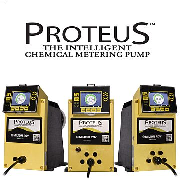 Three chemical metering pumps are sitting next to each other on a white background.