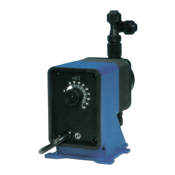 A blue and black pump with a dial on it