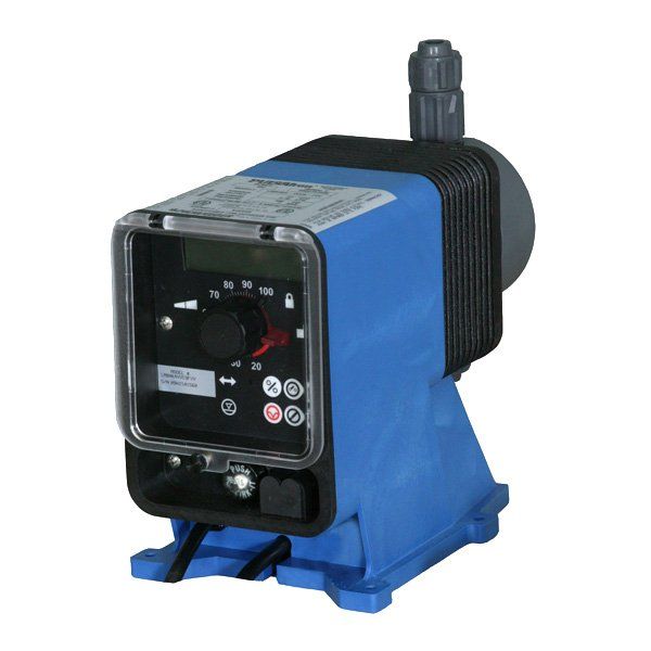 A blue and black pump with a digital display