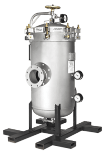 A stainless steel tank with a valve on top of it