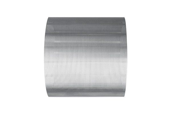 A close up of a stainless steel tube on a white background.