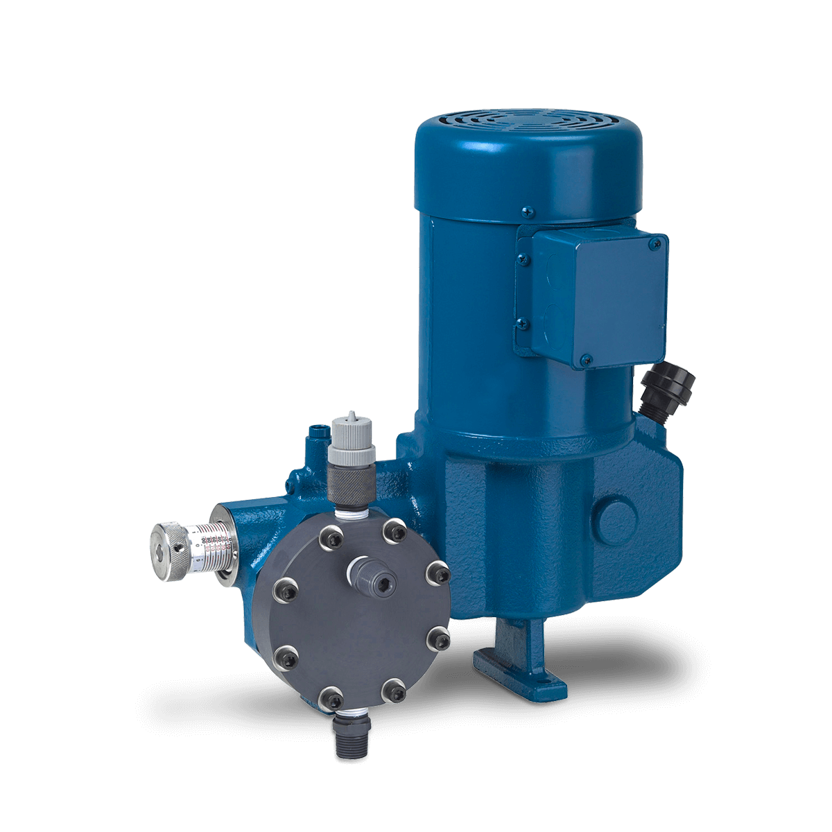 A blue pump with a motor attached to it on a white background.