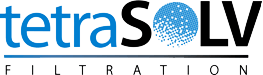 The logo for tetrasolv filtration is blue and black.