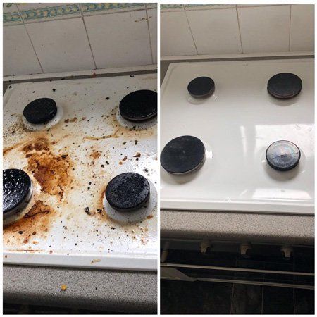 Side by side shots of same cooker hob with one side dirty and the other side clean
