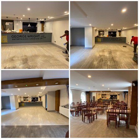 Collage of images showing a function room with tables, chairs, bar area etc