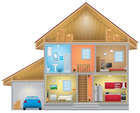 2-D image of house with exterior wall removed to view interior rooms