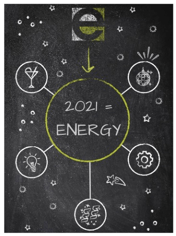 A chalkboard with a diagram that says 2021 = energy
