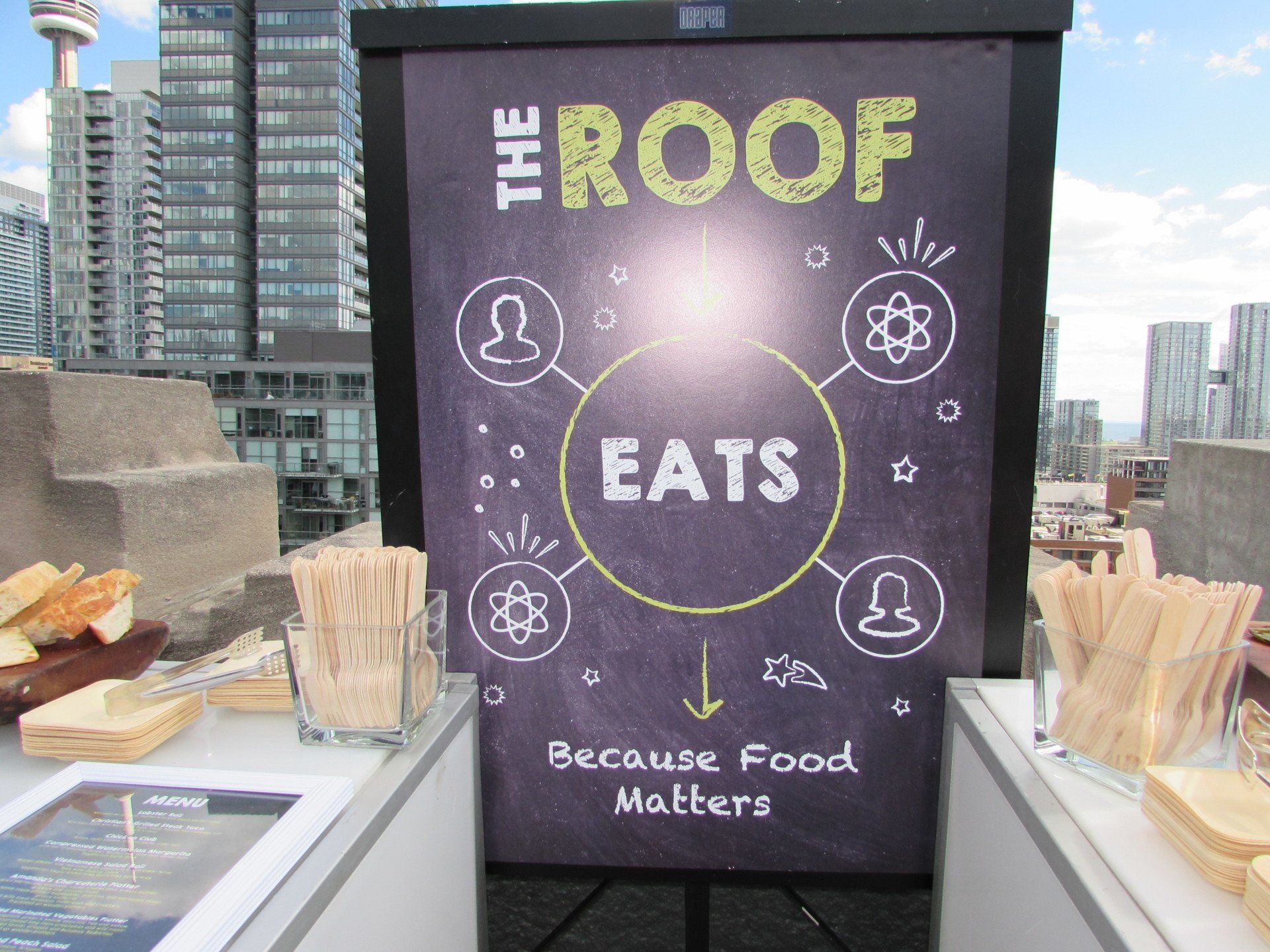 A sign that says the roof eats because food matters