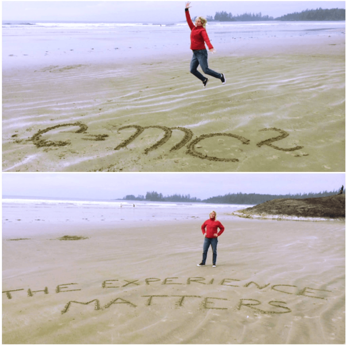 A woman jumps in the air on a beach with the words e = mc2 written in the sand
