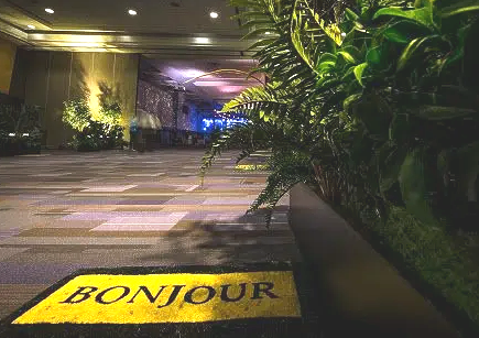 A yellow mat with the word bonjour on it in a hallway.