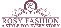 Rosy Fashion logo with maroon decorative swirls and tagline “A Style for Every Story”