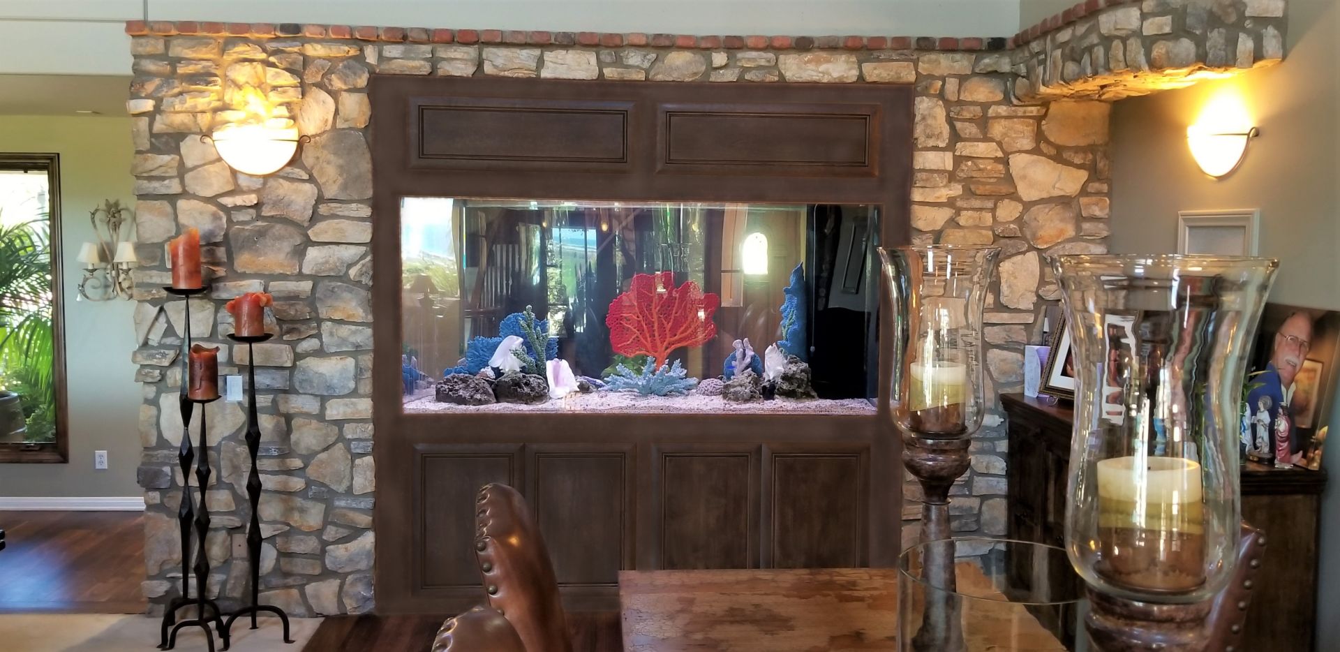 330 Gallon Stone Inverted Bow Saltwater In-Wall (back) — Carlsbad, CA — Aquaman Aquarium Services