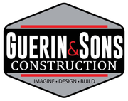 Logo for Guerin & Sons Construction: gray hexagon with black border, white text, red accents.