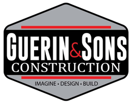 Logo for Guerin & Sons Construction: gray hexagon with black border, white text, red accents.