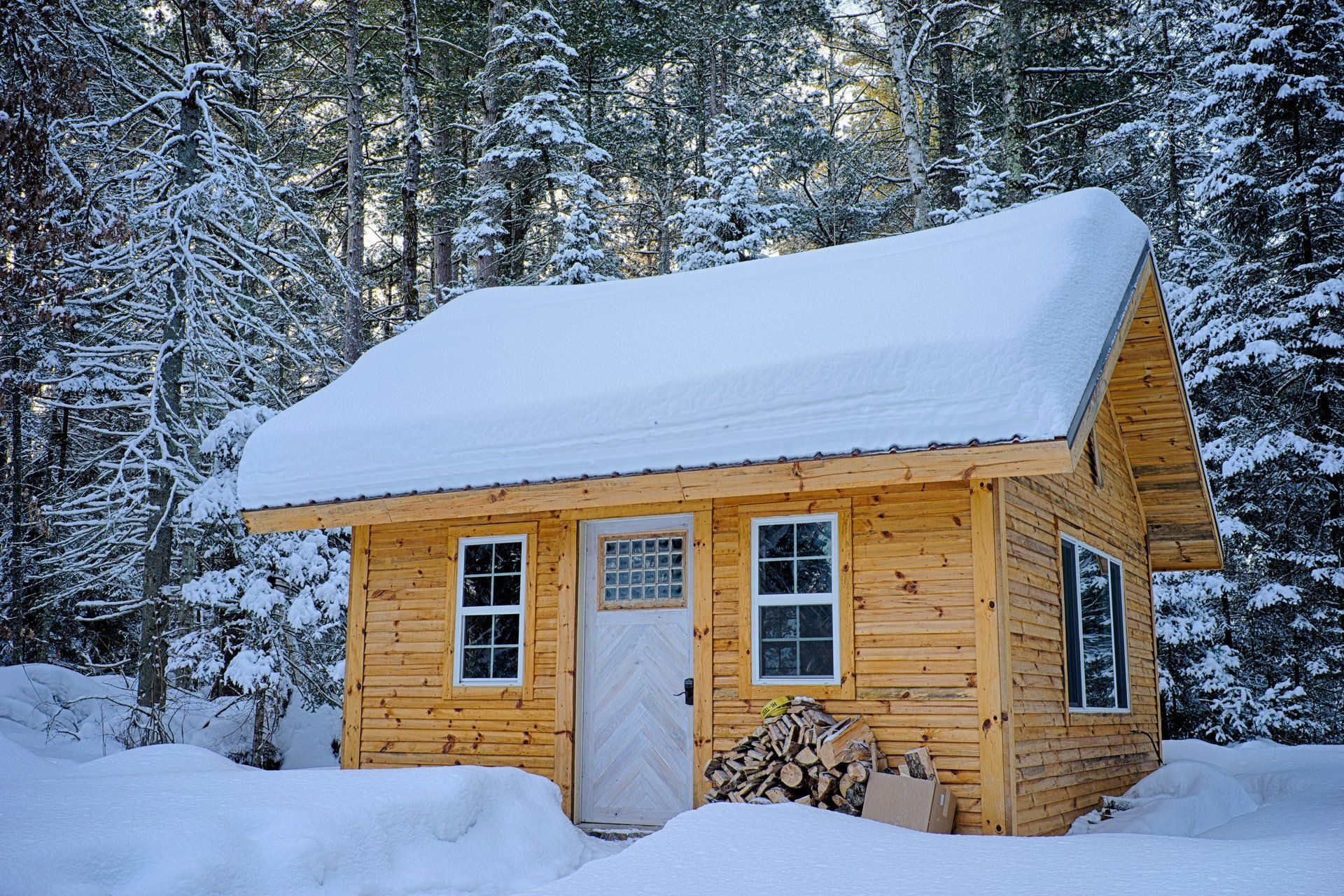 A small, yellow wooden cabin in a snowy forest, with snow-covered roof and firewood stacked outside the door.