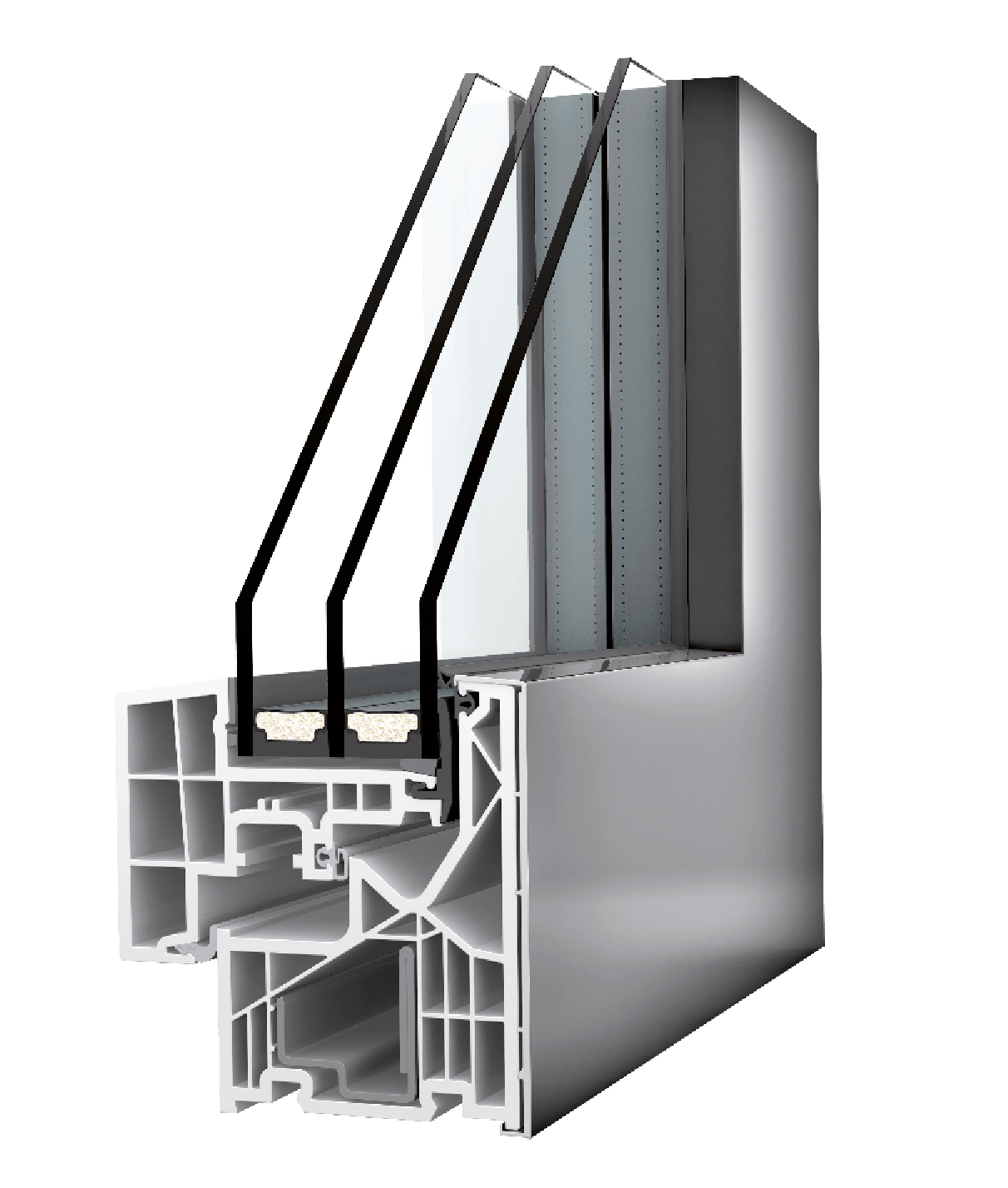 Vue de coupe fenêtre triple vitrage Internom vendue chez Trihome grandes menuiseries