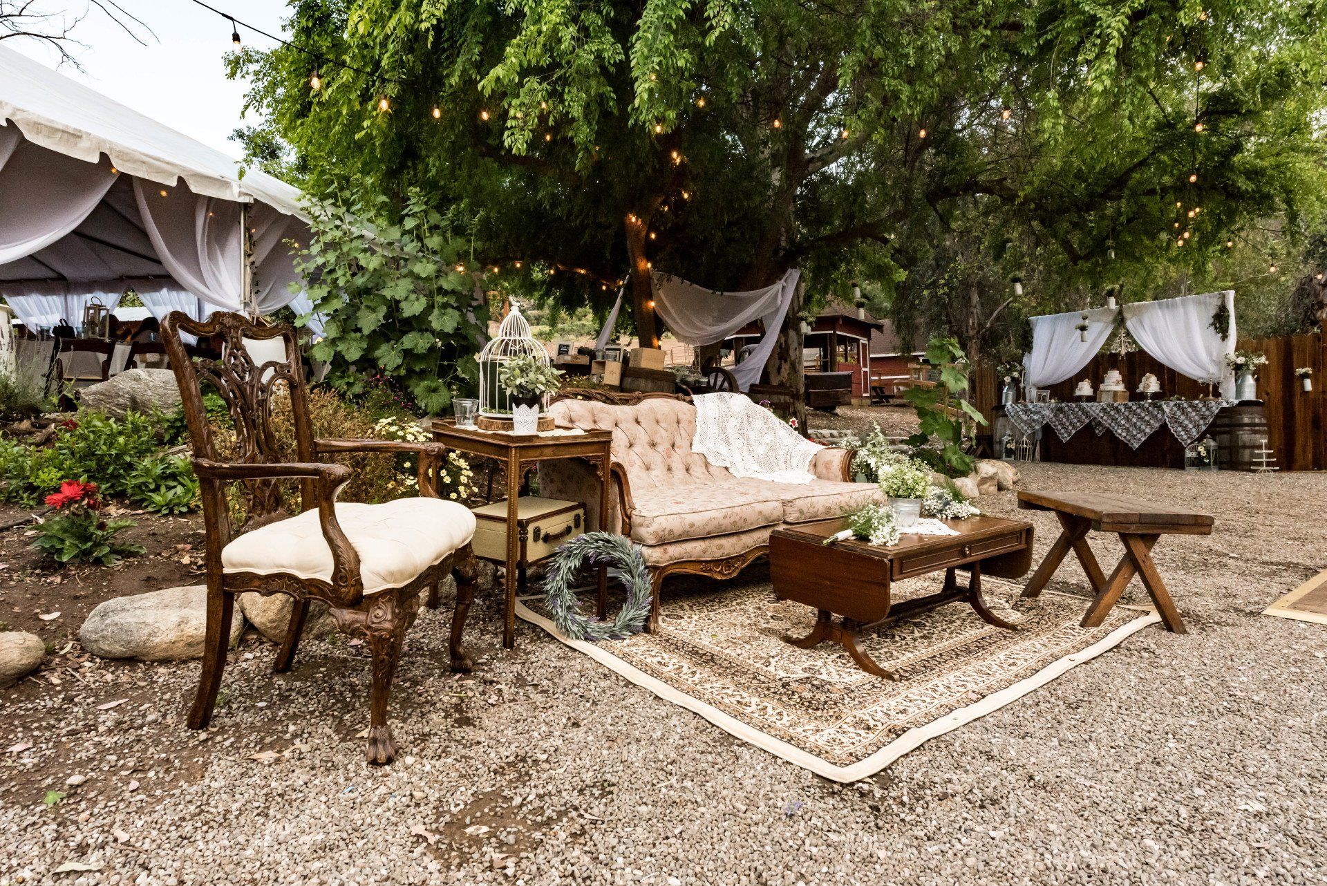 A couch and chairs are sitting under a tree in a gravel area.