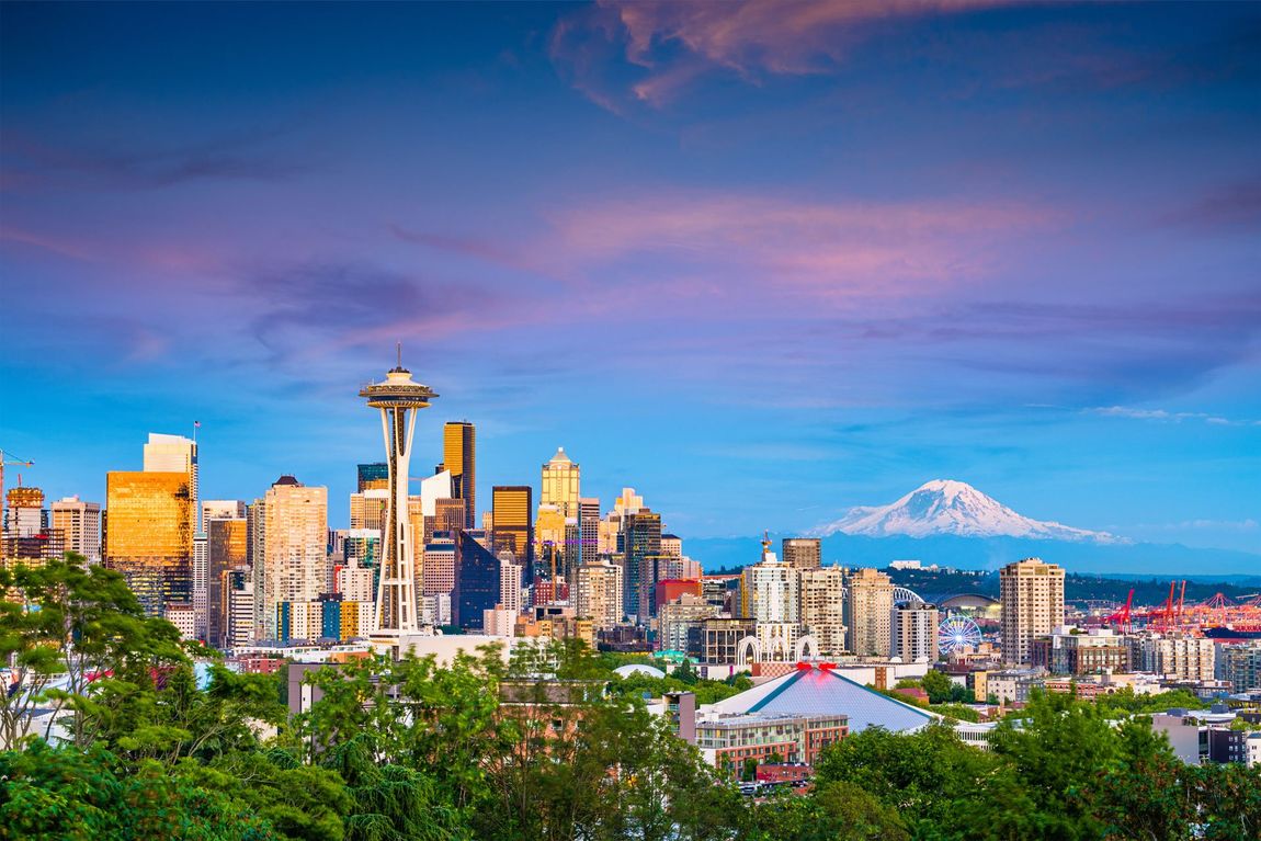 Skyline of Seattle with Mt. Ranier in background