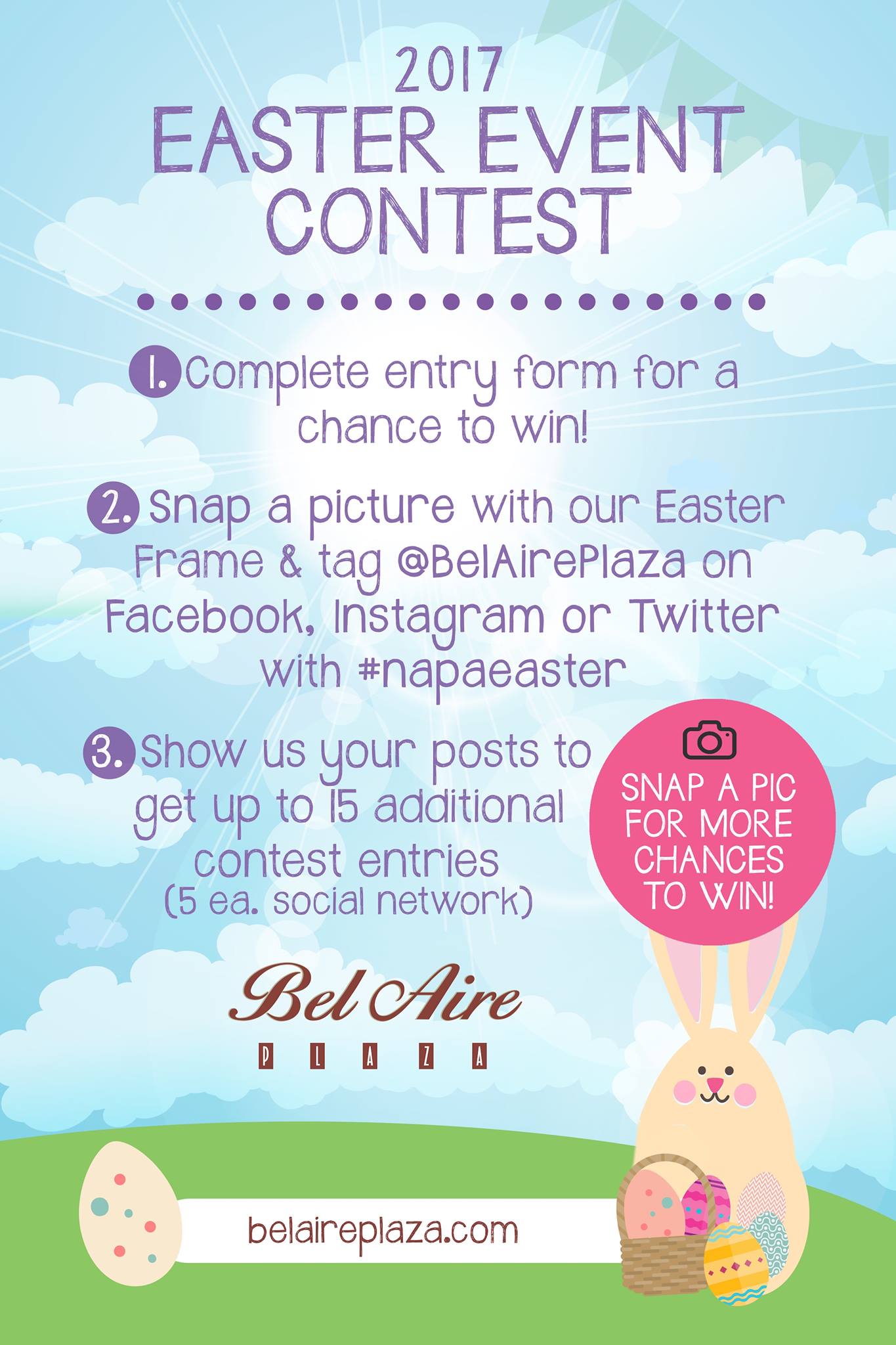 A poster for an easter event contest with a bunny on it.