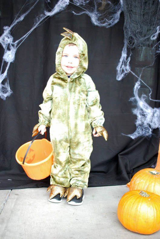 A little boy in a dinosaur costume is holding a trick or treat bucket