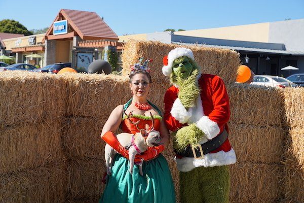 A man dressed as santa claus and a woman dressed as the grinch pose for a picture in front of hay bales.
