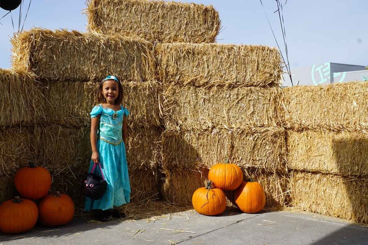 A little girl in a blue dress is standing in front of hay bales and pumpkins.