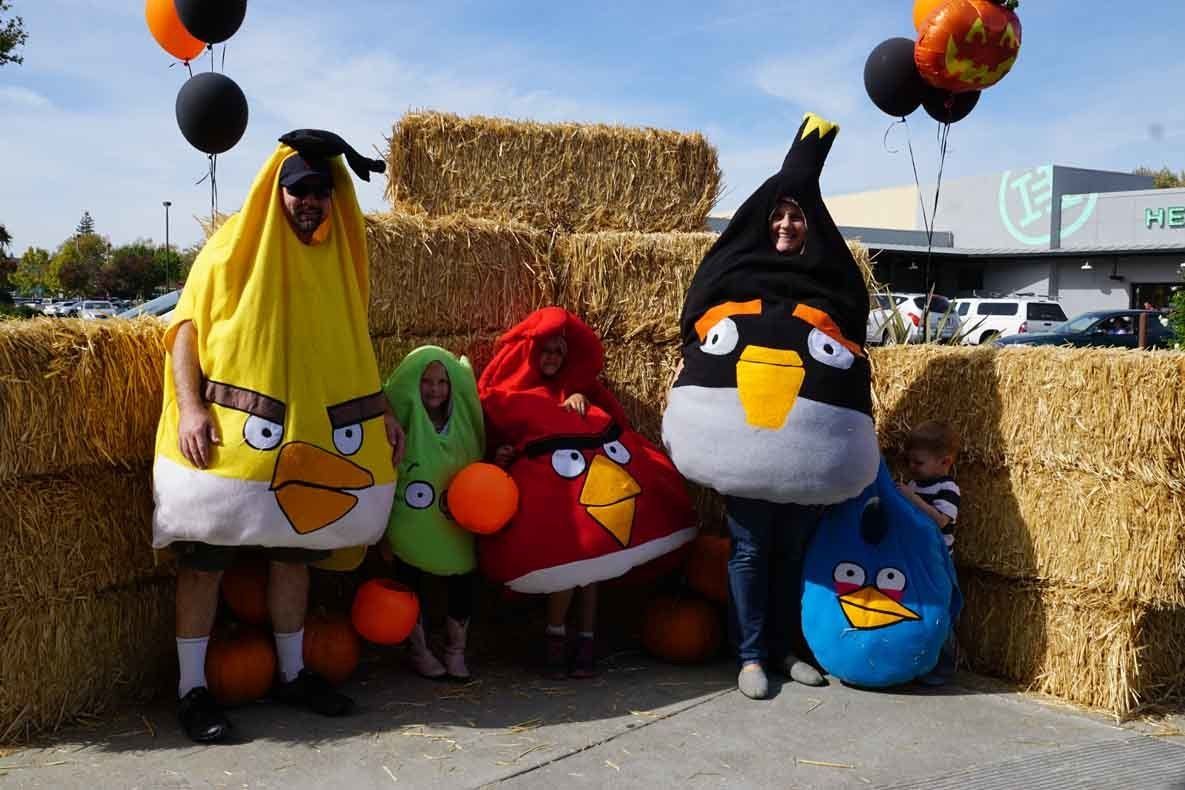 A group of people dressed as angry birds are standing next to hay bales.