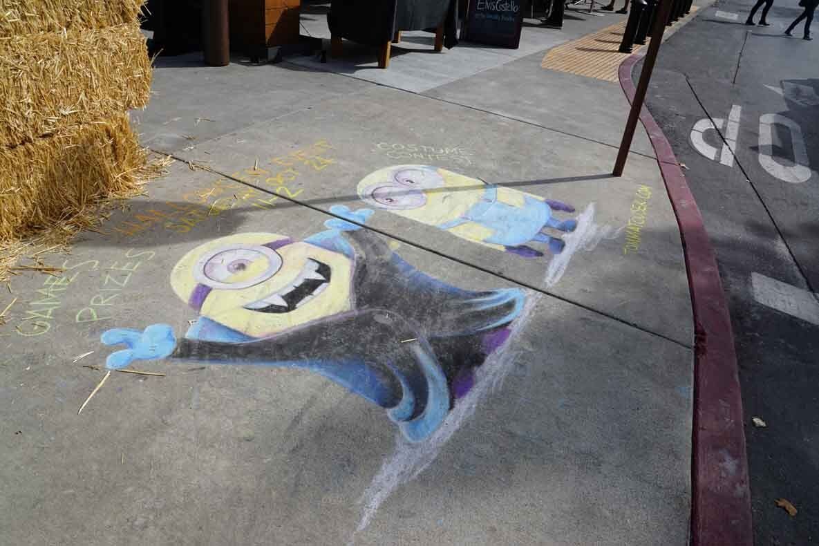 A chalk drawing of two minions on the sidewalk