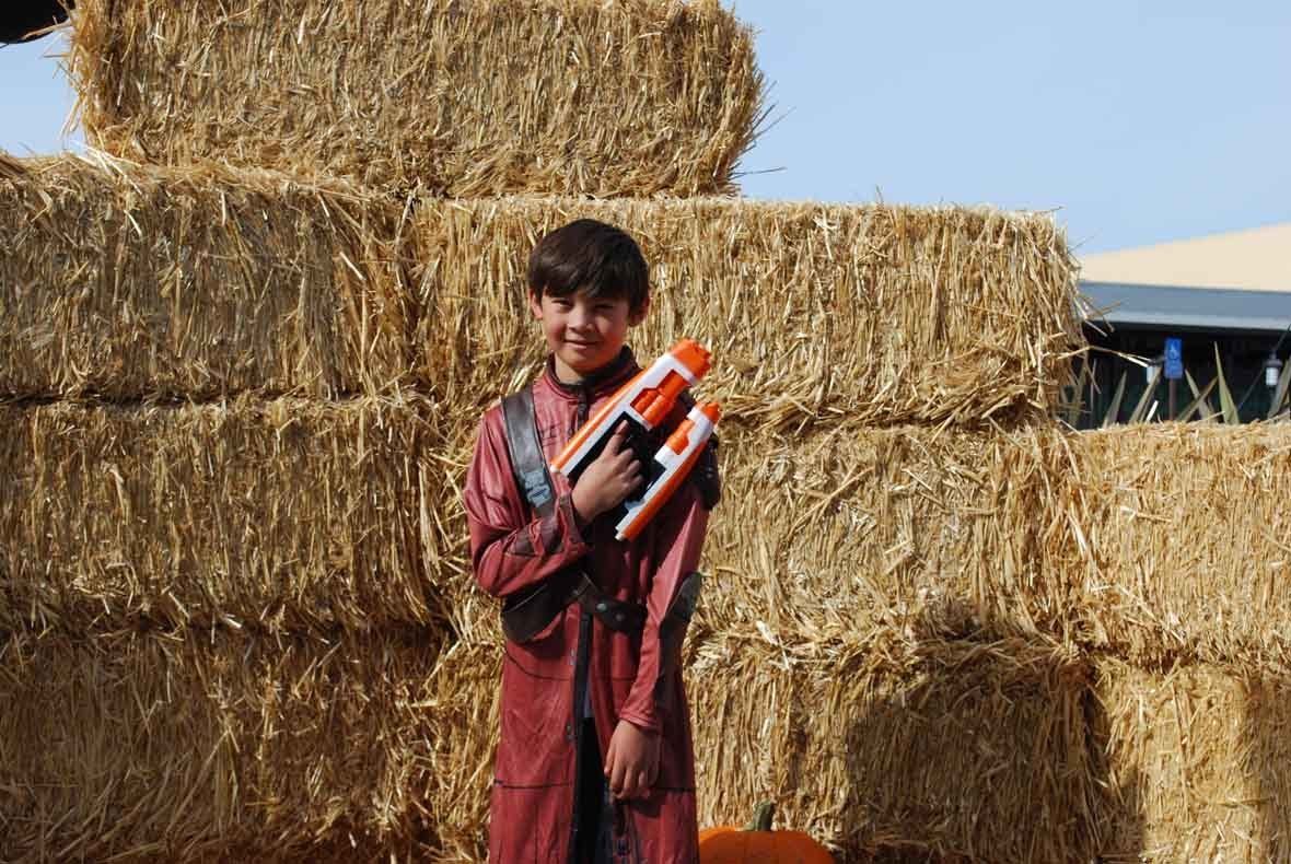 A person in a costume is standing in front of hay bales.
