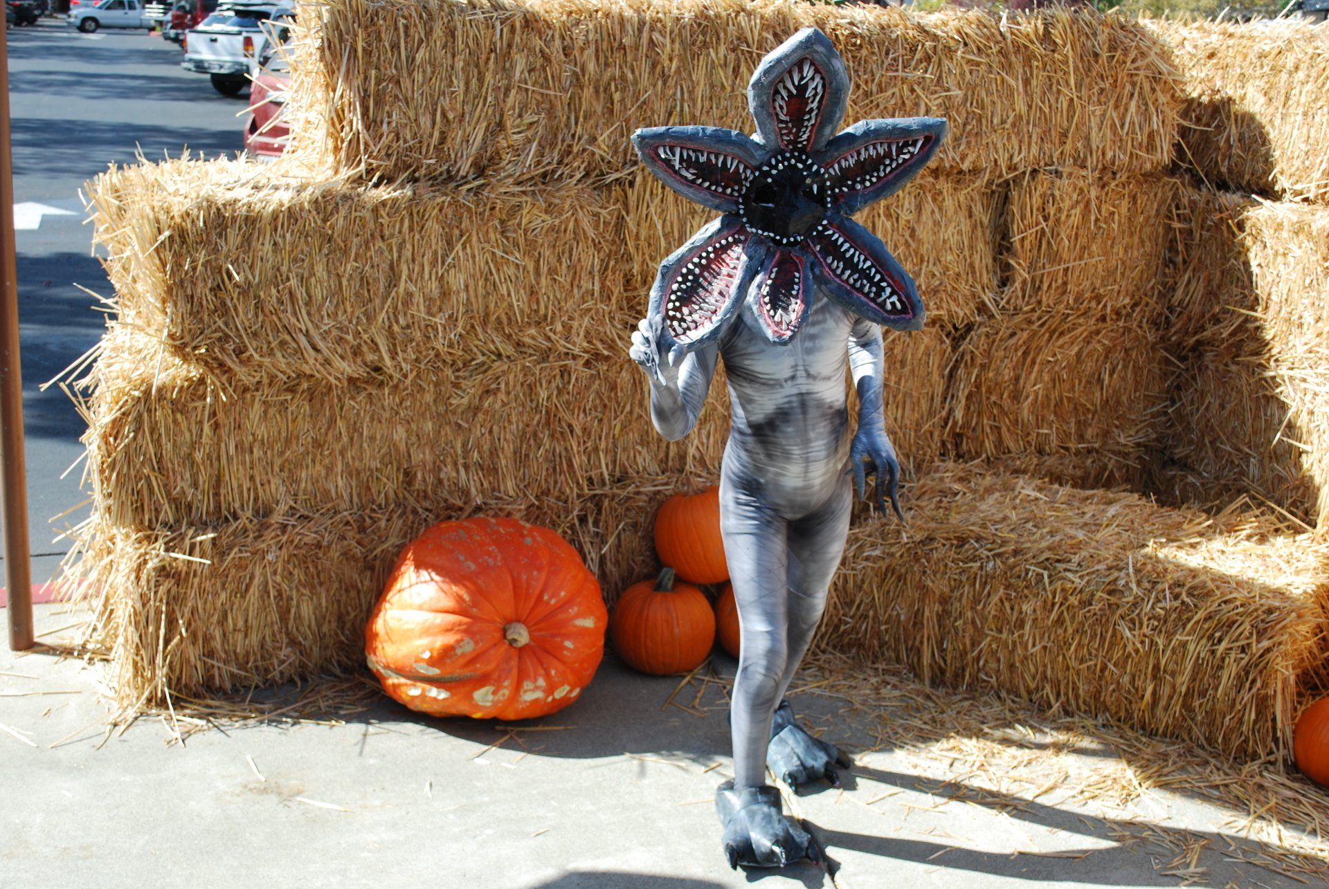 A person in a stranger things costume is standing in front of hay bales and pumpkins.