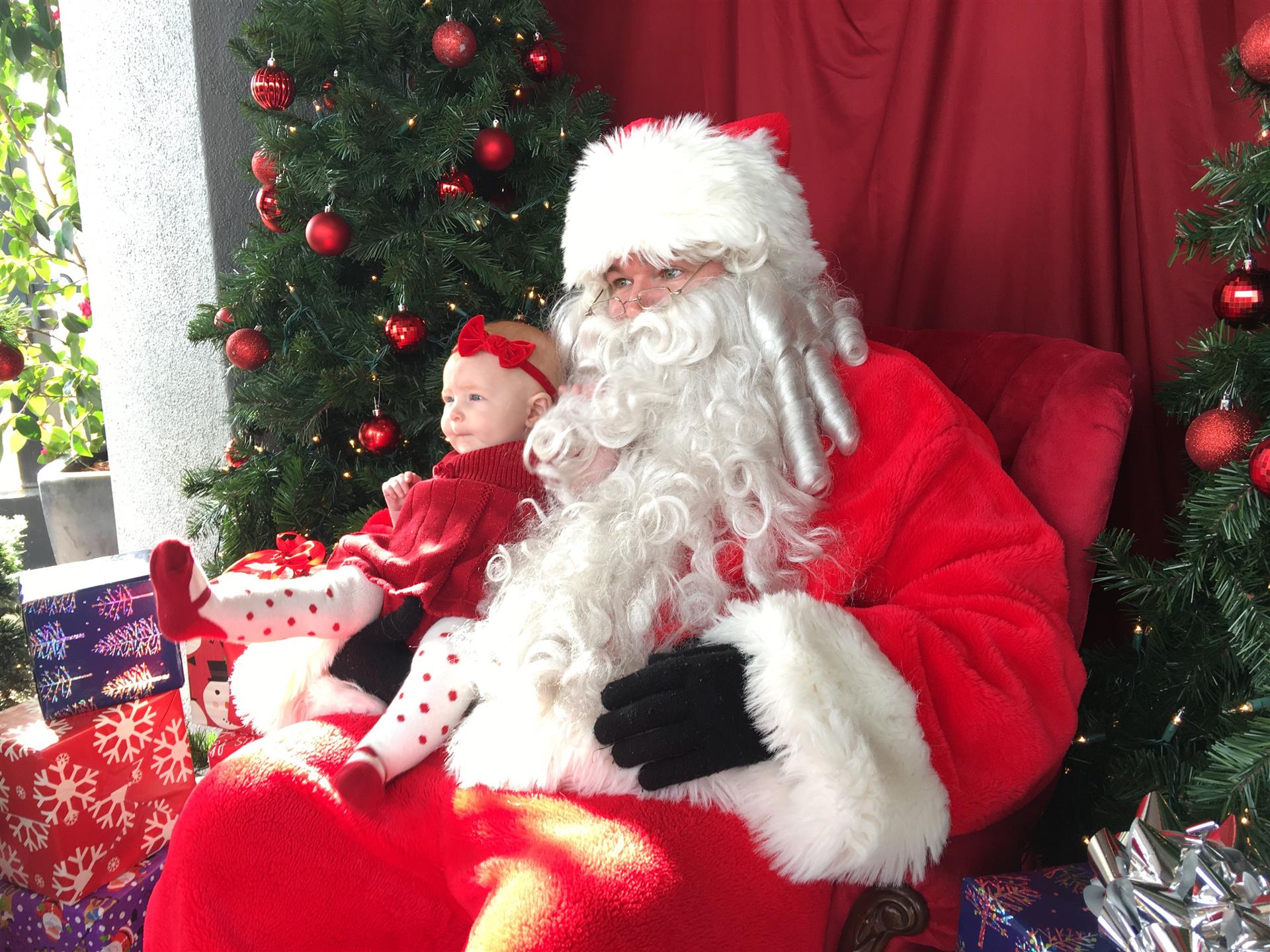 A little girl is sitting on santa 's lap in front of a christmas tree