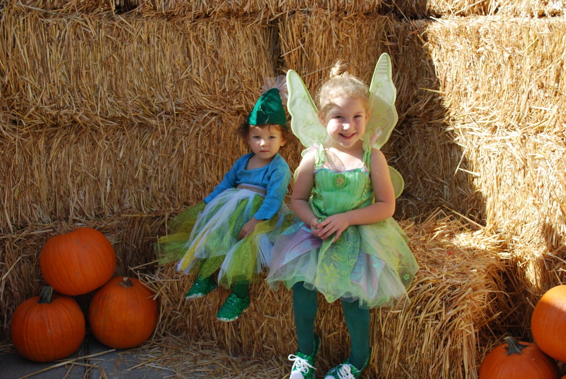 Two little girls dressed in tinkerbell costumes are sitting on hay bales.