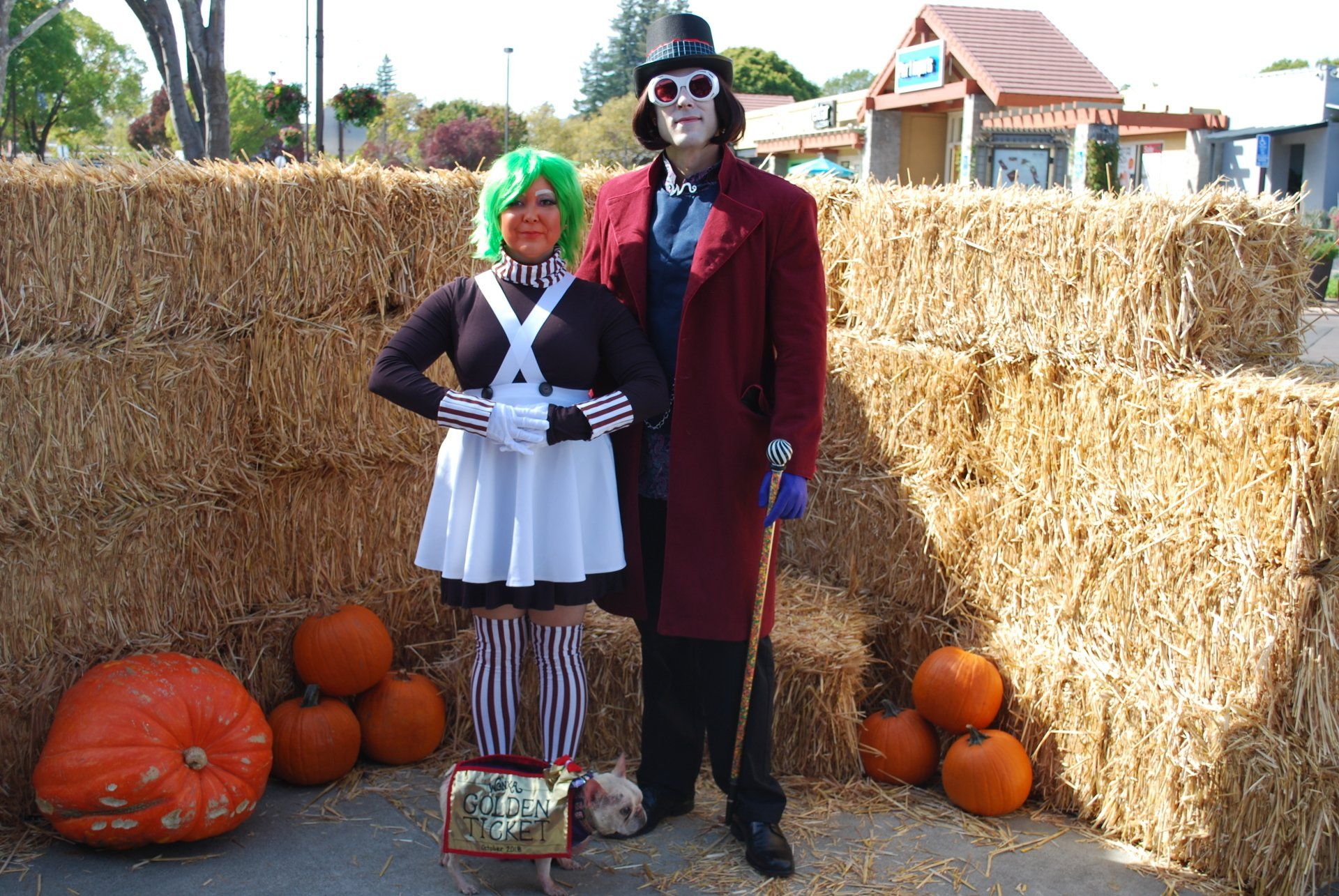 A man and a woman in costumes are standing in front of hay bales and pumpkins