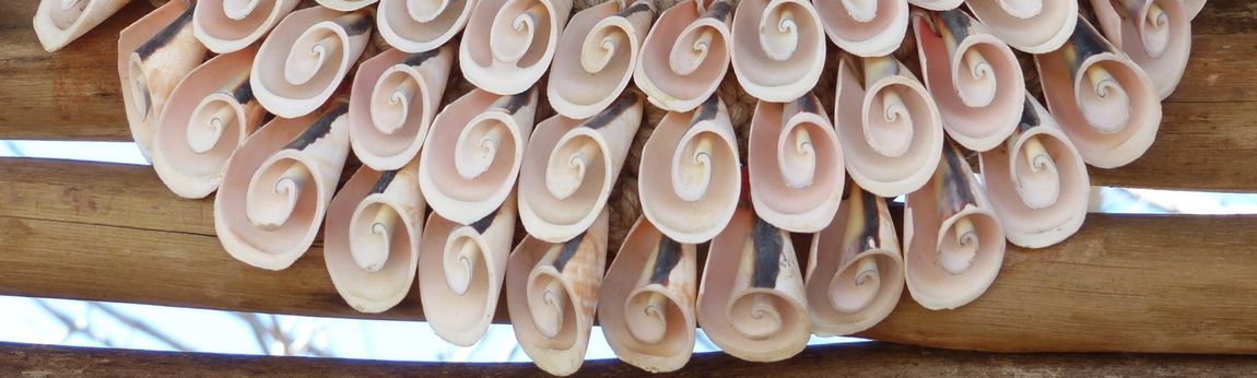 Cluster of pink and white rolled sweets or pastries arranged on a wooden surface.
