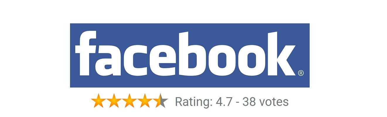 Facebook logo on a blue rectangle with a rating of 4.7 stars based on 38 votes.