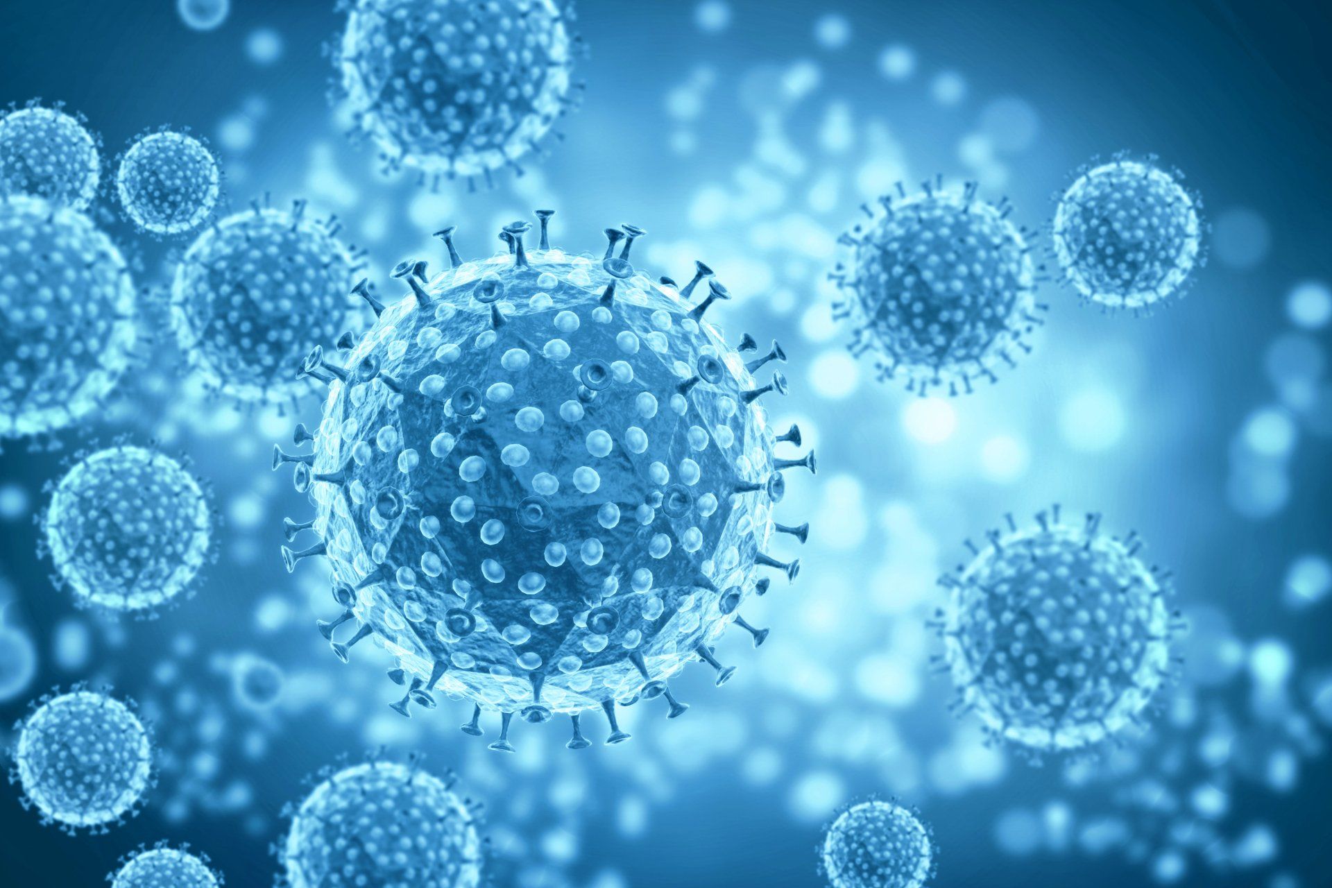 Blue illustration of numerous spherical viruses, with spike-like projections on their surfaces.