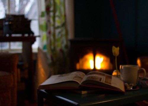 Book open on table with a mug and single flower near a lit fireplace.